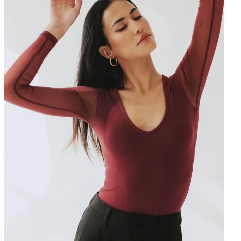 Klassy Network Sheer Back Mahogany Long Sleeve Bodysuit